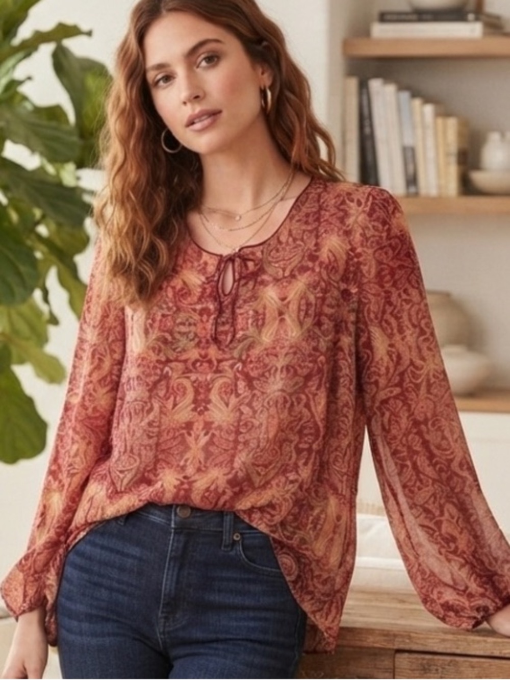 George Women's Paisley Keyhole Tunic Blouse - Size Medium